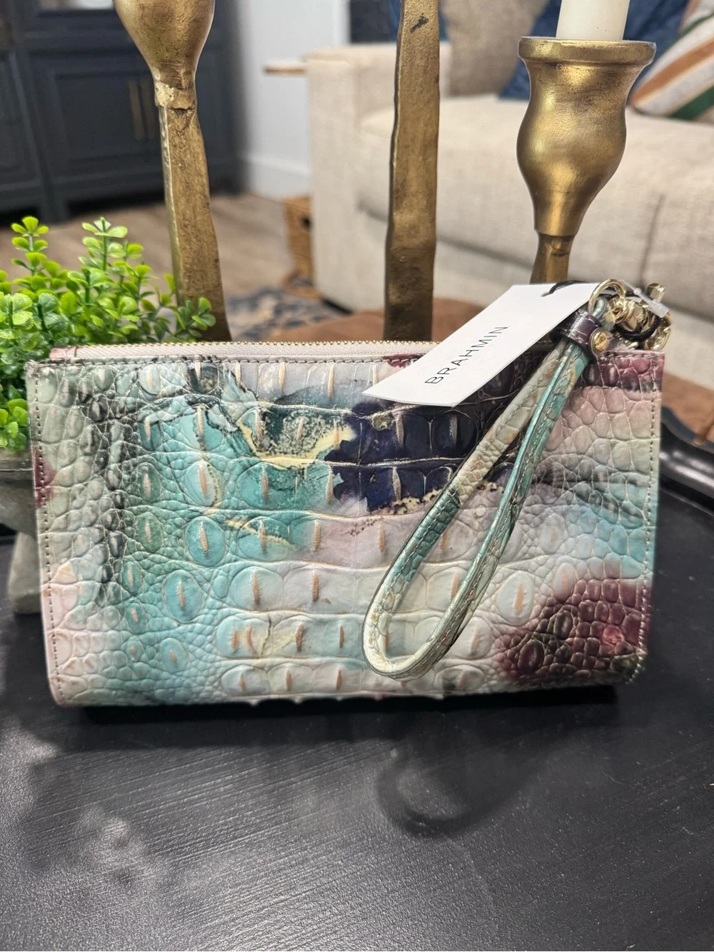 Brahmin Teal Multi Croc-Embossed Leather Wristlet Pouch